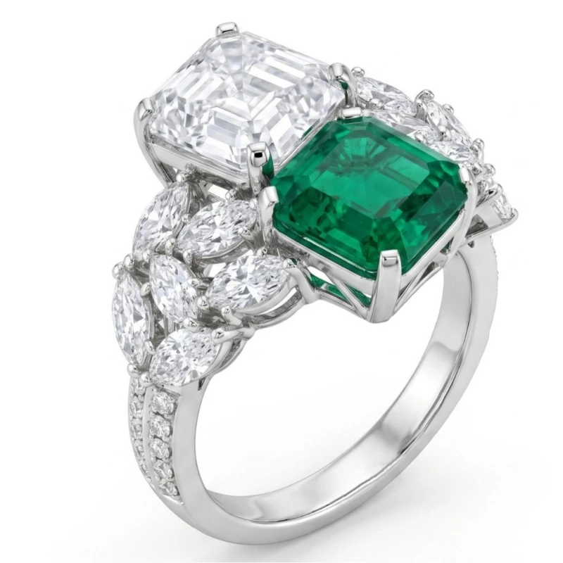 Bellux 925 Silver Precision Multi stone Ring Synthetic Emerald White Diamond Fashion Luxury Women's Rings
