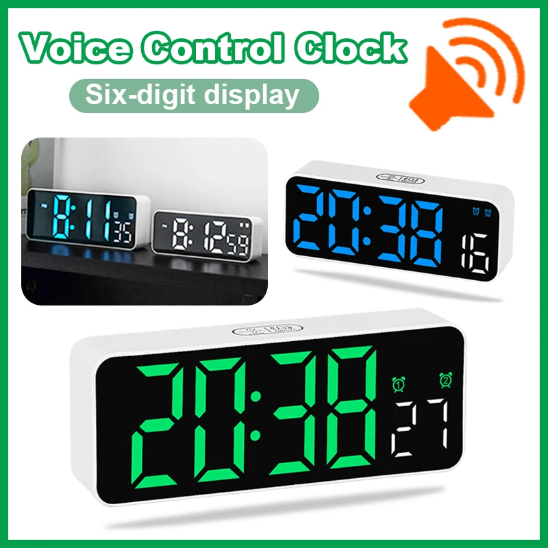 Digital Alarm Clock Voice Control Multi-function LED Clock Temp Date12/24H Display Positive/Countdown Desk Clock Room Decoration