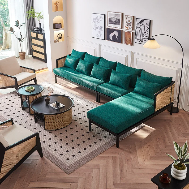 

Nordic rattan solid wood sofa living room L-shaped concubine sofa ash wood club concubine three-person coffee table combination