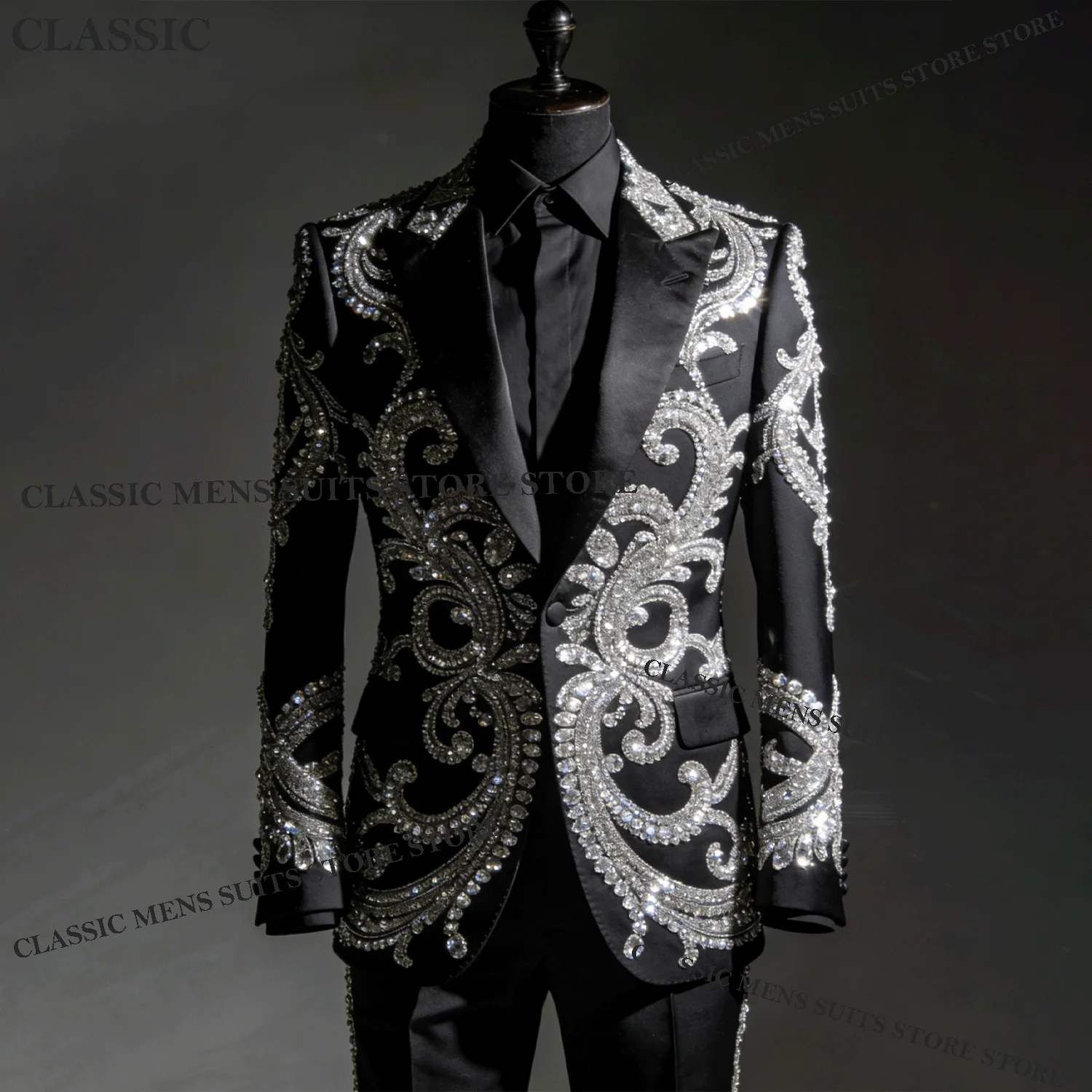

Glitter Customized Tuxedos Men Suits Fashion Diamond Decoration Peaked Lapel Groom 2 Pieces Set Wedding Male Prom Blazers suit