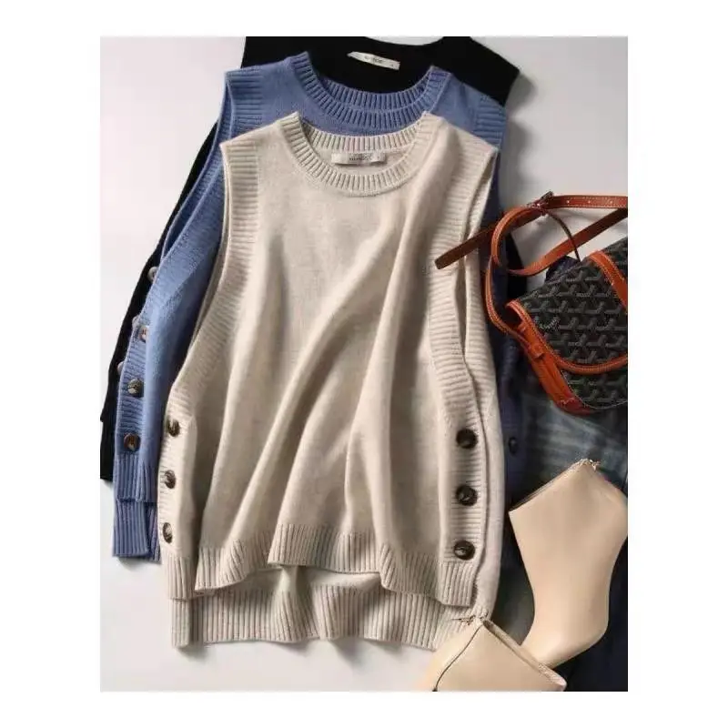 Women Elegant O-neck Sweater Vests Loose Sleeveless Knitted Sweaters Side Button All-match Stylish Popular Solid Cozy Pullovers