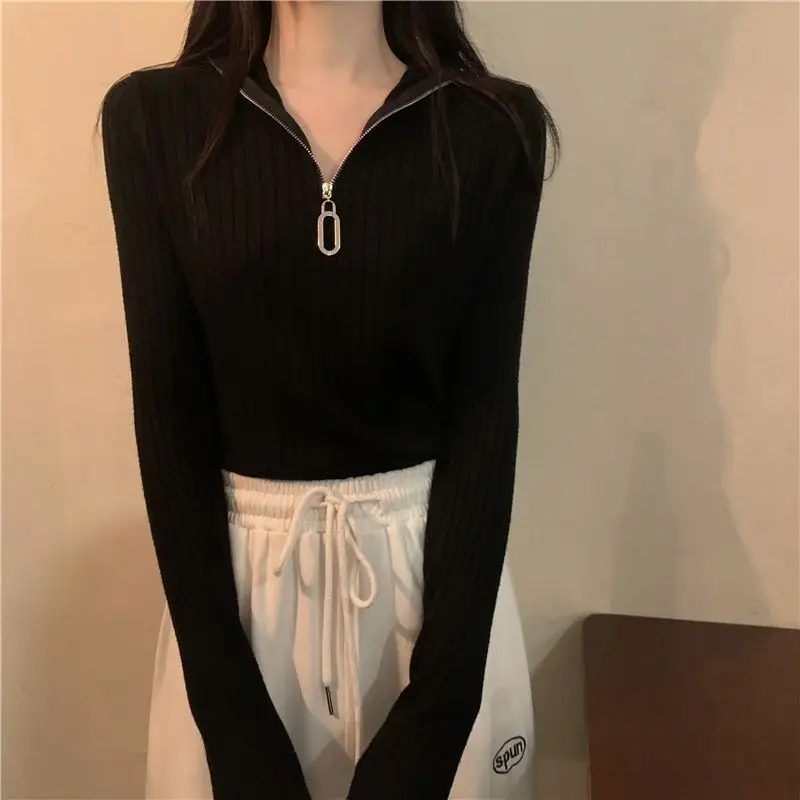 Вязаная базовая рубашка с воротником-поло на молнии, весенне-осенняя футболка с длинными рукавами, женский тонкий топ с высокой талией