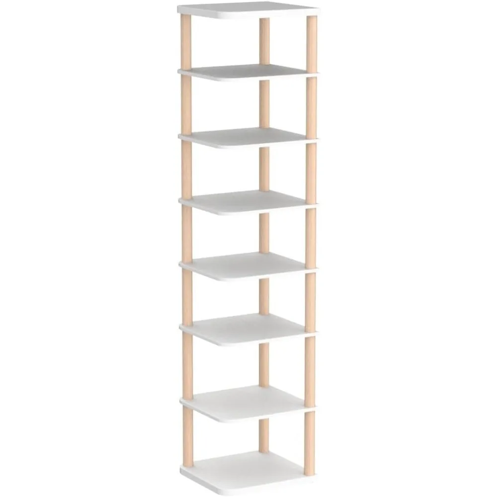 

8 Tiers Vertical Shoe Rack, Narrow Organizer, Stylish Wooden Shoe Storage Stand, Space Saving Shelf Tower, Free Standing