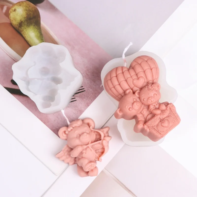 2PCS/1PC Valentine 3D Silicone Candle Mold Couple Bear Heart Hot Air Balloon Cupid Angel Bear Soap Epoxy Resin Casting Mould Dec