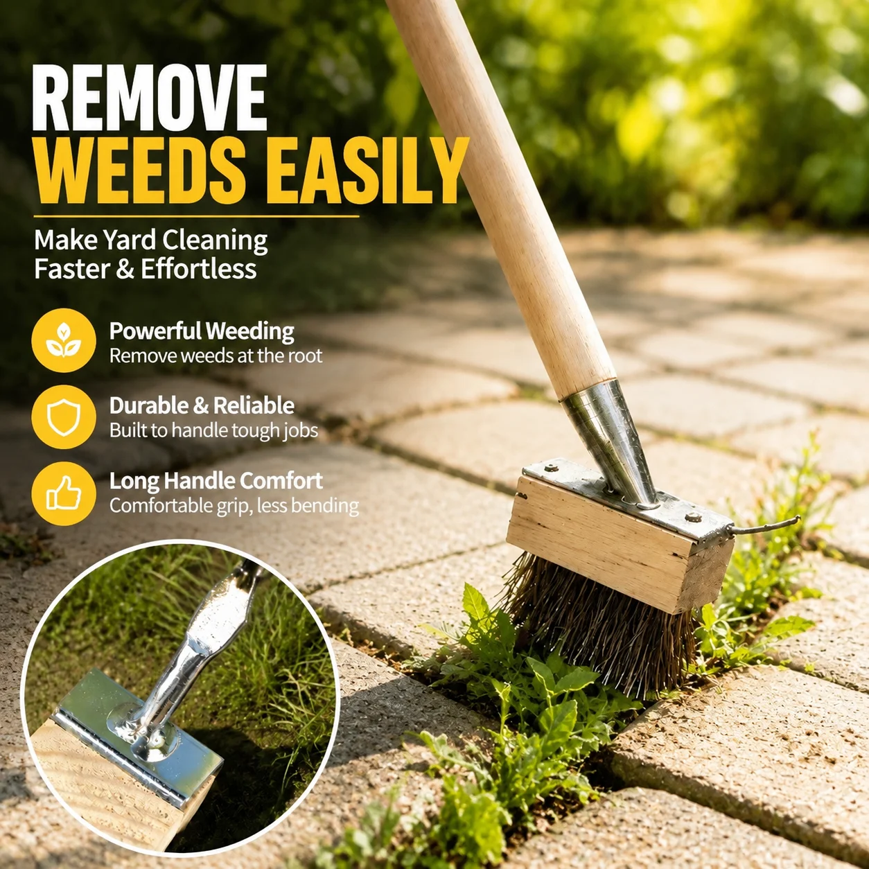 Garden Weeding Wire Brush with Long Solid Wood Handle, Professional Ground Scrubber Weed Remover for Yard Cleaning