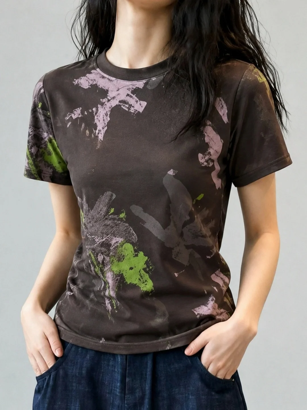 Slimming Gradient Print round Neck T-Shirt Women's Casual Summer Elegant Fashion Short Sleeve Top Flower Cardi Straight Cut