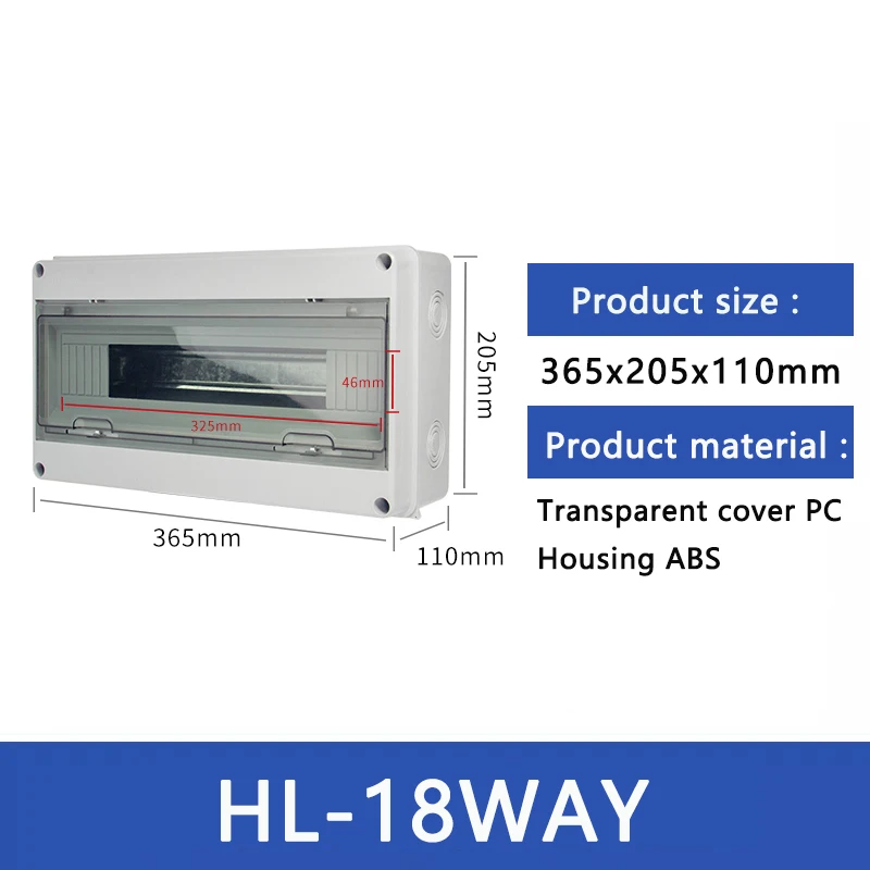 Home-use 18-position distribution box made of ABS material, with dimensions of 365x205x110mm, and waterproof rating of IP65