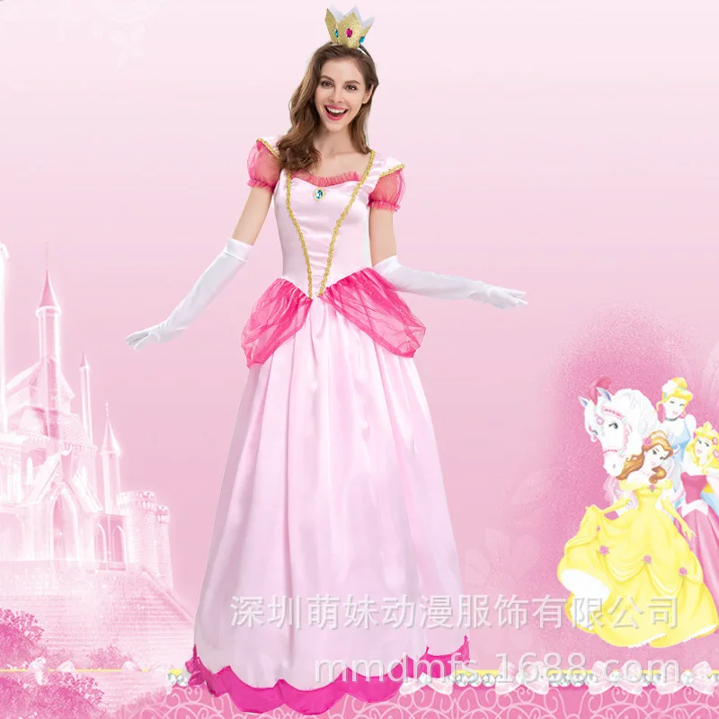 

Adult Super Princess Peach Cosplay Dress Japanese Games Costume Pink Women Halloween Carnival Dress Up Princess Queen Dress