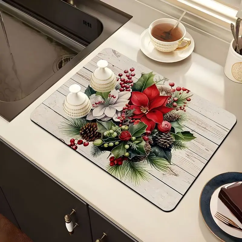 VIKAMA Poinsettia Dish Drying Mat White Wood Berry Non Slip Absorbent Kitchen Counter Pad For Coffee Machine Dish Draining