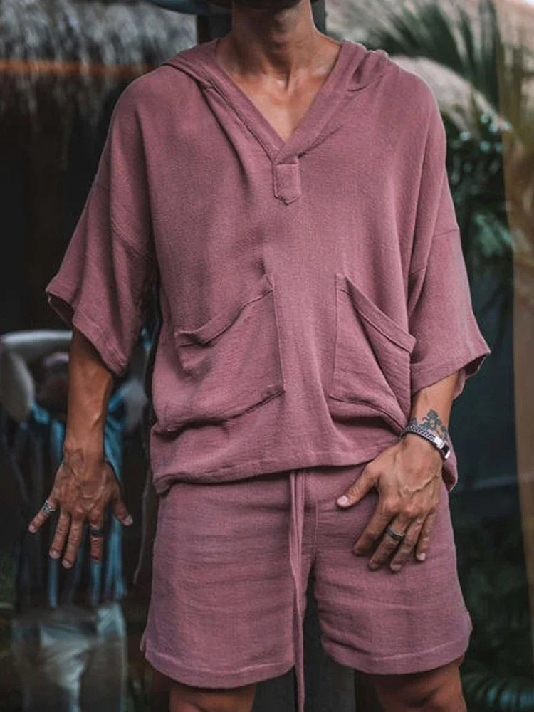 2026 Sommer Herren Einfarbiges Baumwoll-Leinen Zweiteiler-Set V-Ausschnitt Halbarm T-Shirt Lockere Shorts Atmungsaktiv Urlaub Alltag Lässig Passend – Detail 7