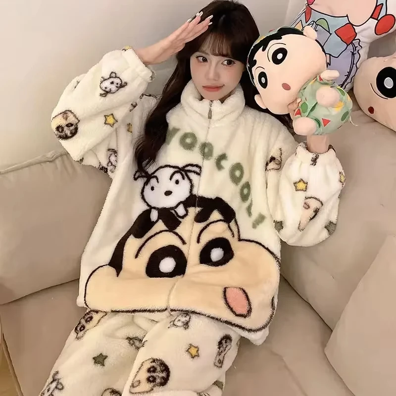 Crayon Shin-Chan pijamas de mujer nuevos pijamas de franela cómodos Otoño Invierno grueso cálido dibujos animados lindo dormitorio traje para casa
