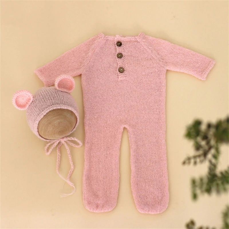 Newborn Photo Props Mohair Bear Costume Bonnet Hat Baby Footed Romper PhotoShooting Clothes Photostudio Accessory 2PCS