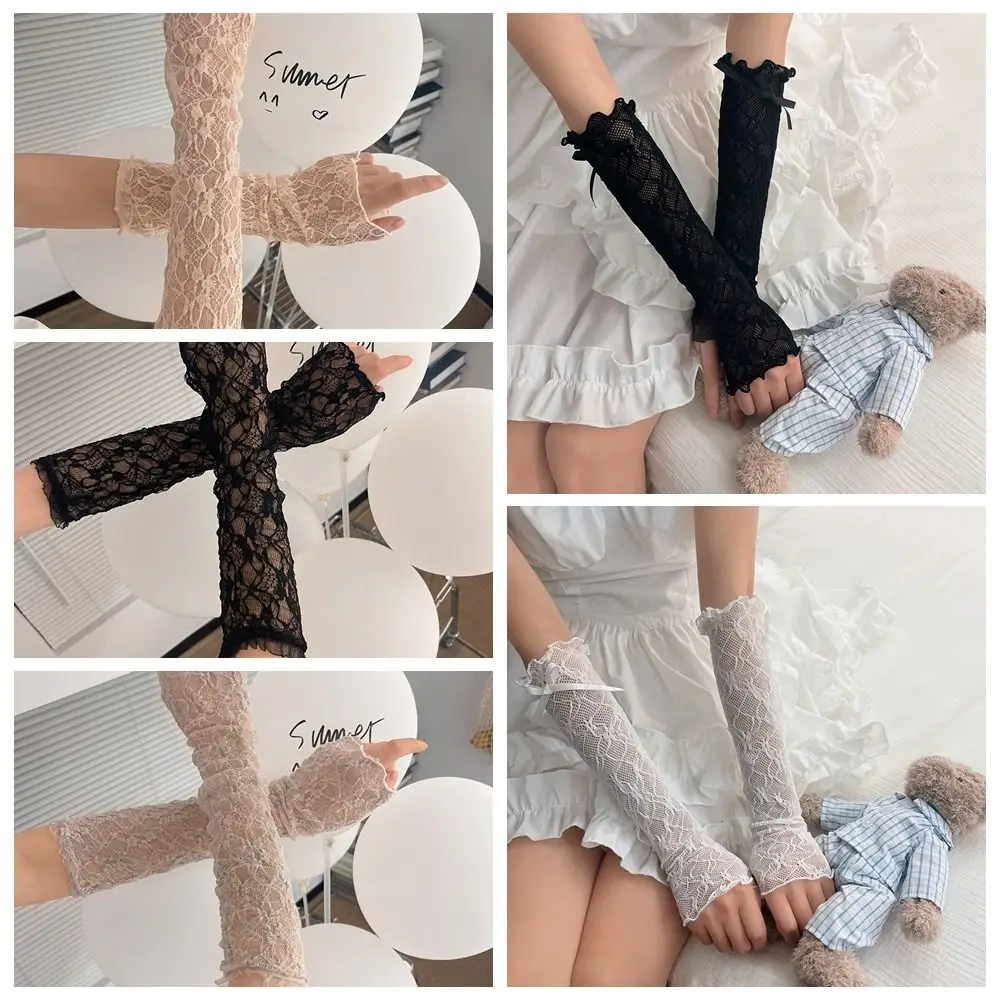 Gants en dentelle à volants avec nœud papillon pour filles, mitaines sans doigts, manches de bras, Lolita, JK