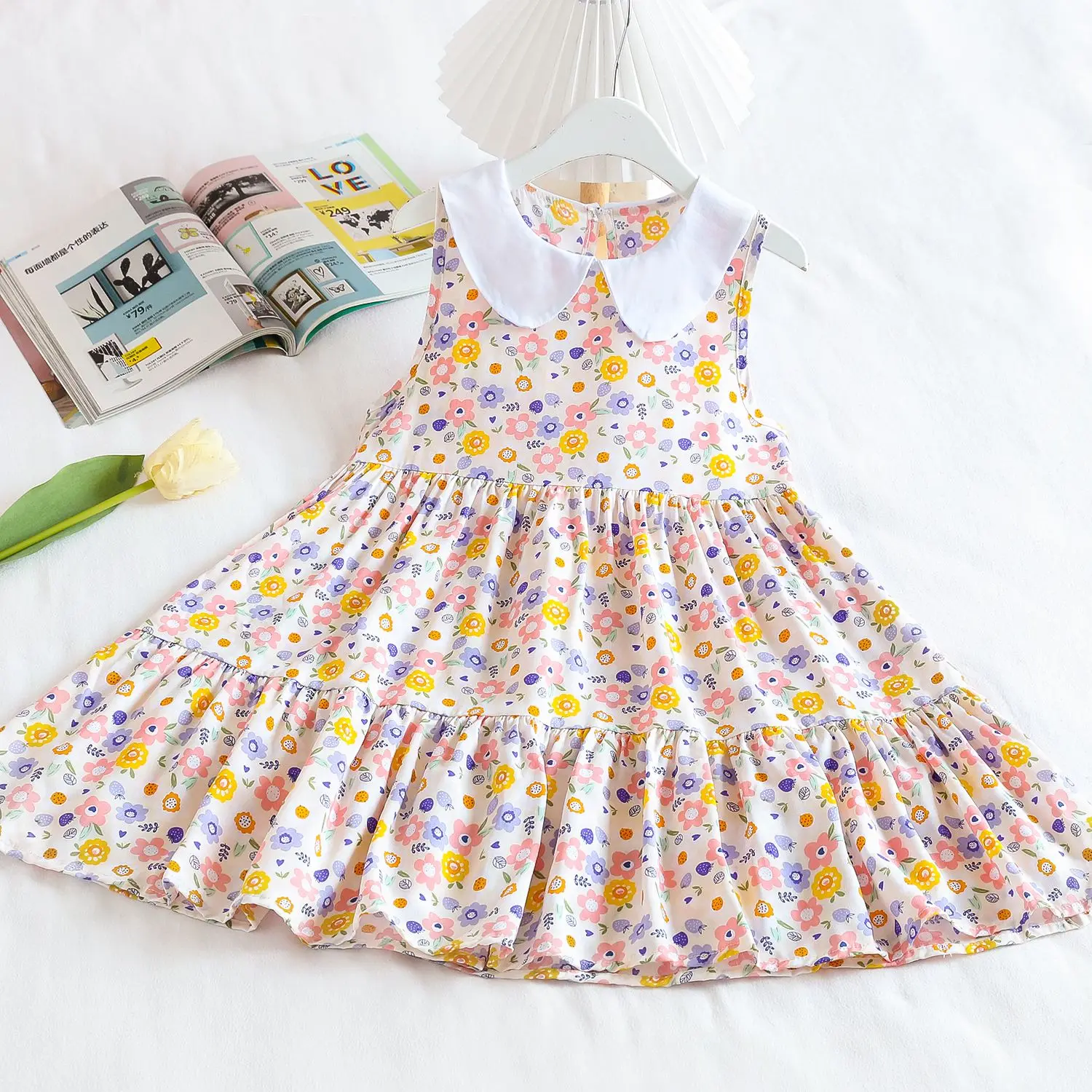 Girls Casual Dresses Flower Printing Irregular Lapel Patchwork Casual Dress Kids Clothes for Girls 5 To 15 Years Summer Clothes