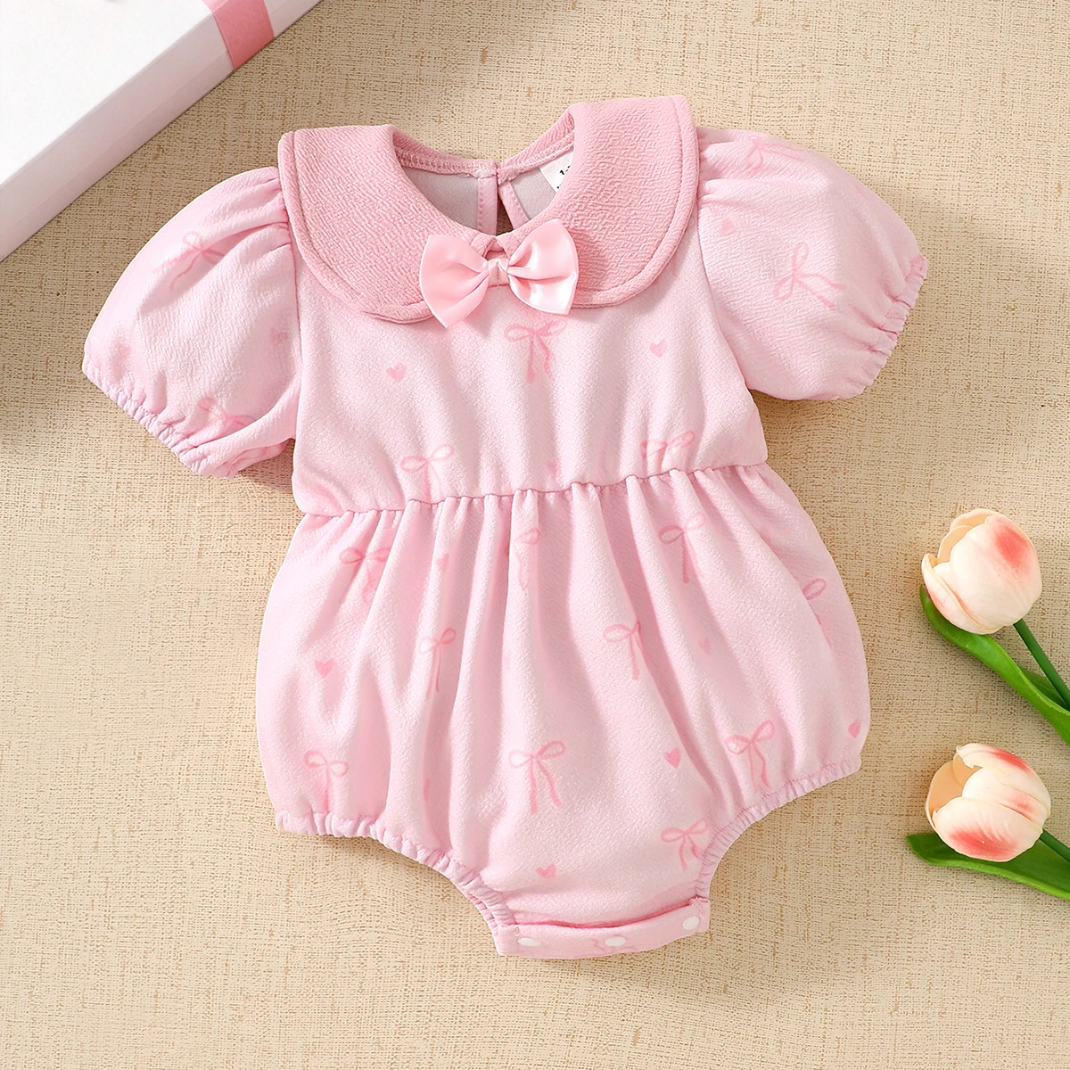 Summer baby pink Newborn Baby Girls Bodysuit cute Peter Pan Collar Pink Bow Ruffle-Sleeve Romper Elegant christening Outfit for