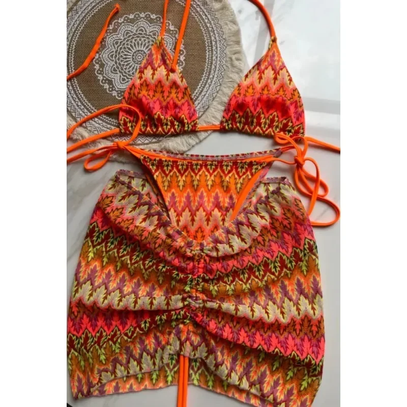 Luxury Design Women's Knit Swimsuit Colored Maple Leaves Knitted Bikini Skirt 3-Pieces Sets Fashion Brand Split Swimsuit Bikinis