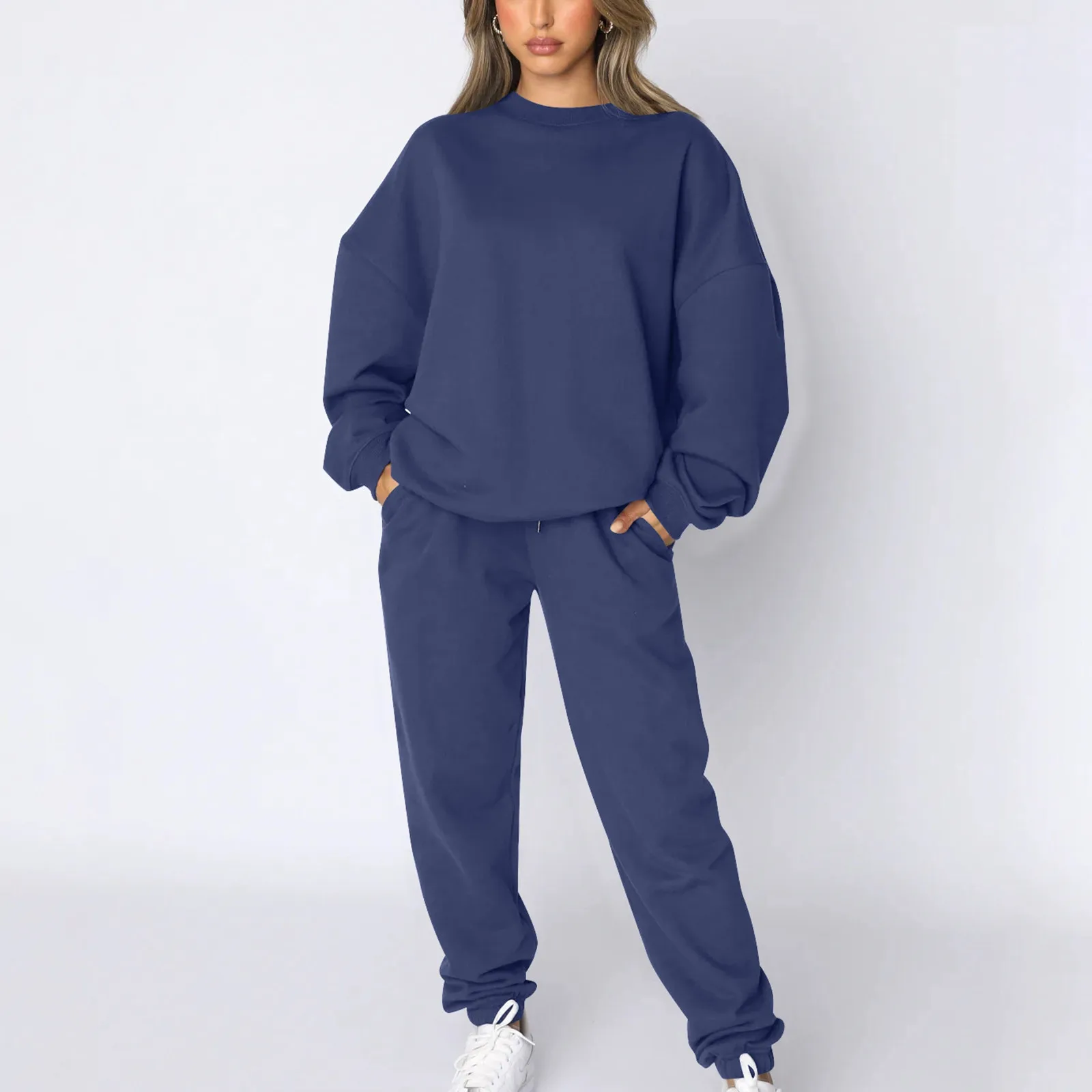 Loose Casual Spring And Fall Wear Women's Solid Color Round Neck Long Sleeve Pullover Sweatshirt And Pants Two Pieces Sets