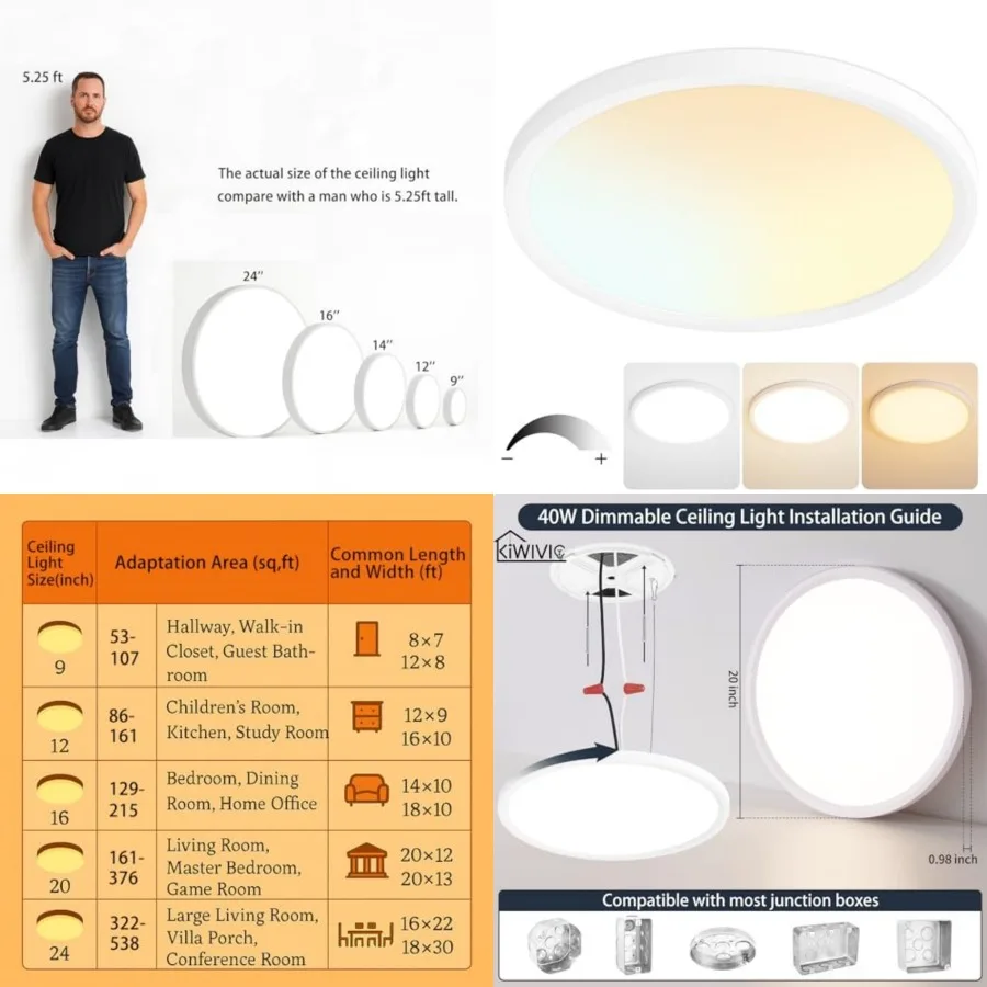

Flush Mount Ceiling Light, 40W Dimmable LED Fixture 4000LM, 3000K/4500K/6000K Adjustable, Round Ceilg Lamp for Bedroom, Kitchen