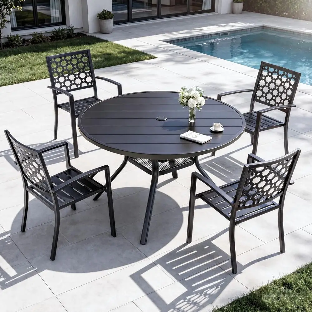 

Durable 5-Piece Outdoor Patio Dining Set with Stackable Highback Chairs, Powder-Coated Metal, Seats 4