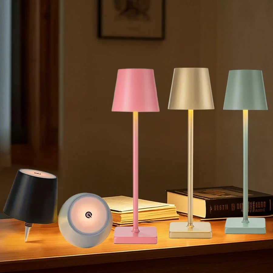 

LED Table Lamp Touch Sensor Rechargeable Desktop Night Light 3 Colors Dimming Wireless Reading Lamp For Hotel Bar Bedroom Decor