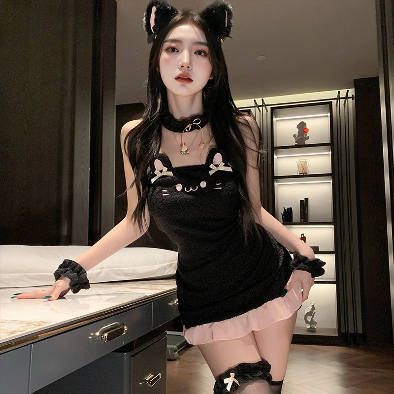 Sexy Cosplay Cute Cat Bag Hip Skirt Pajamas Temptation Kawaii Cat Ear Headwear Plush Dress Set Adult Women Exotic Charm Costumes