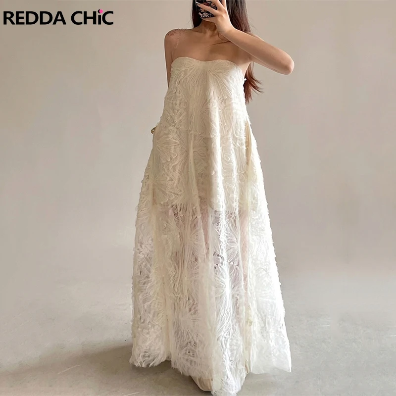 

Текстурированное кружевное платье REDDACHiC для вечеринок, женское, для свадьбы, дня рождения, без спинки, А-силуэт, свободное, повседневное, макси, летнее, в стиле кокетка