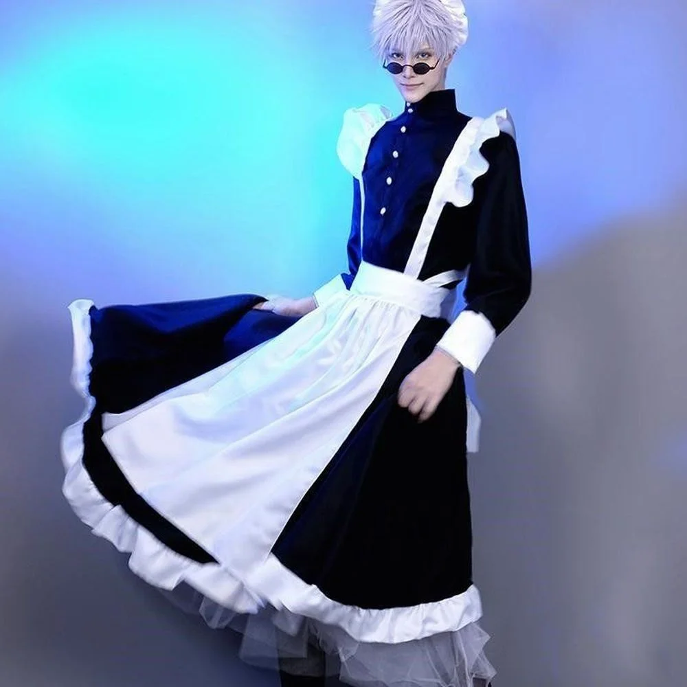 Anime Jujutsu Kaisen Gojo Satoru Men's Maid Dress Anime Cosplay Restaurant Long Style Apron Dresses Black White Long Skirt