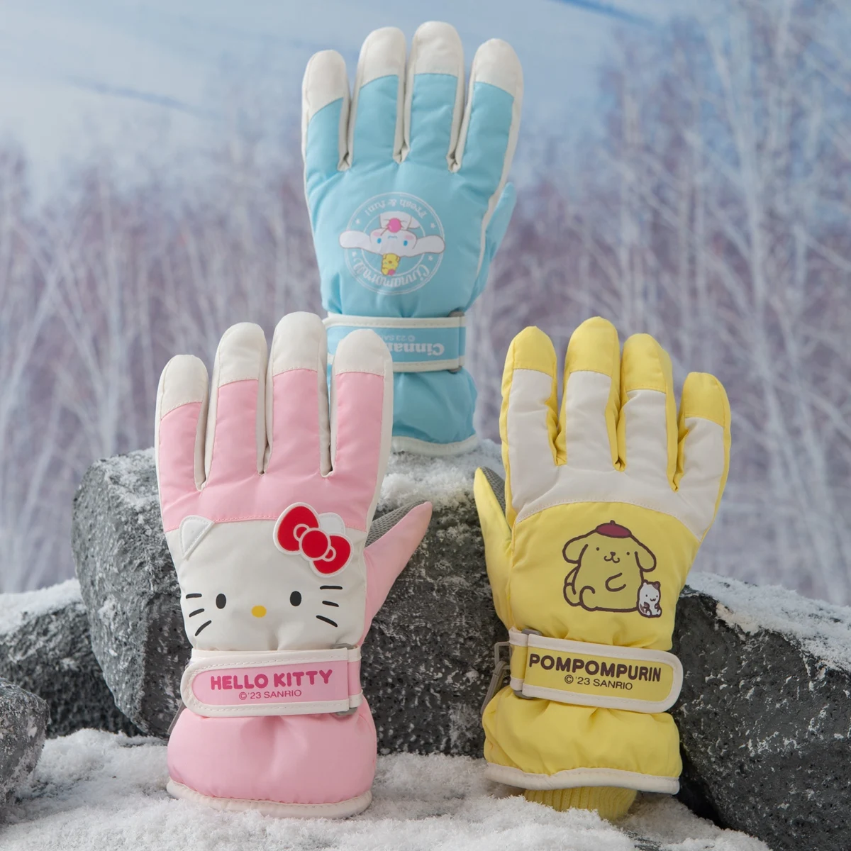 Sanrios Hello Kitty Children Ski Gloves Anime Kuromi Cinnamoroll Outdoor Warm Gloves Kawaii Cold-proof Thickened Glove Kids Gift