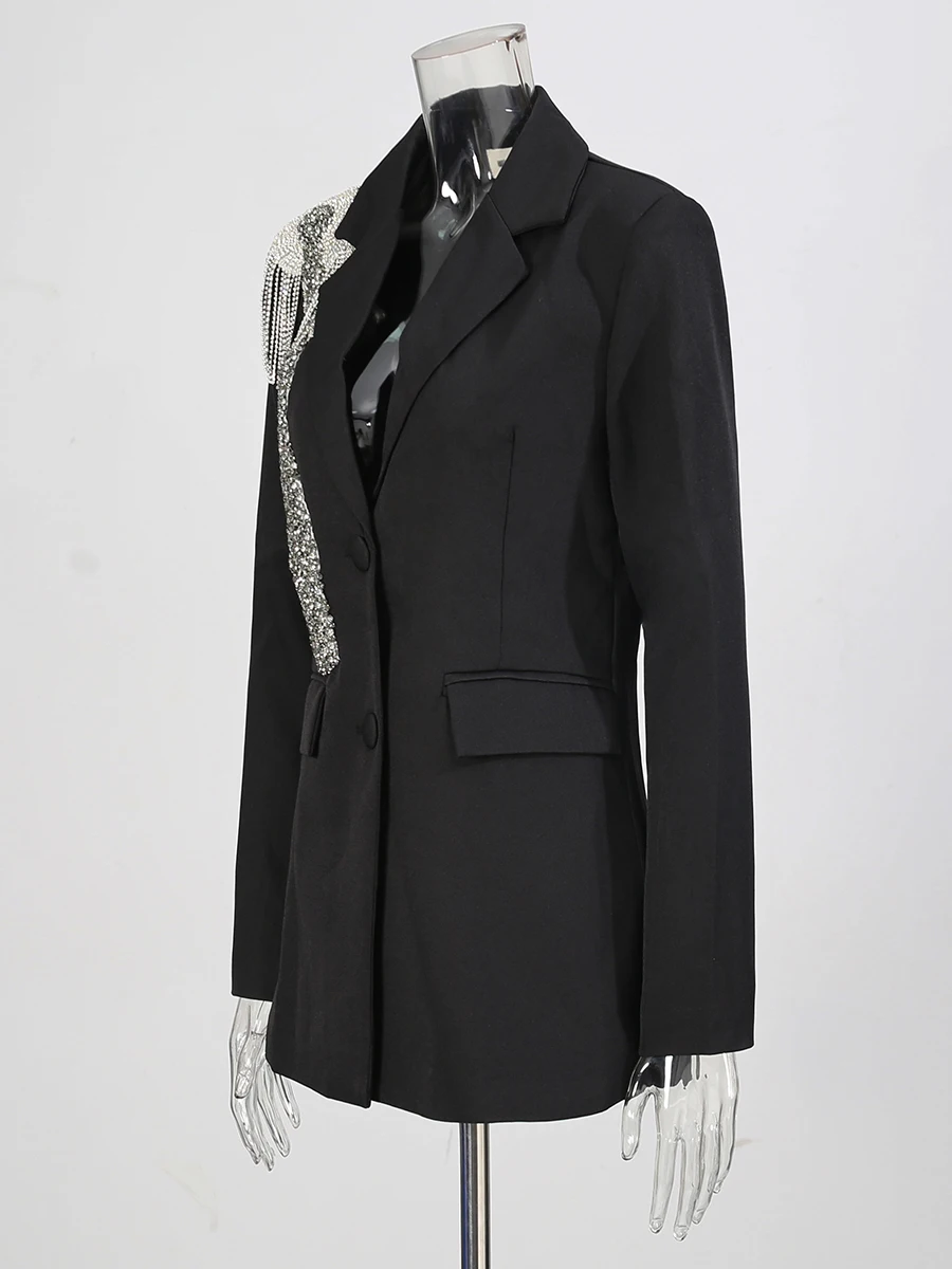 CHICEVER Black Spliced Diamonds Tassel Basic Jacket Female Lapel Long Sleeve Elegant Women's Jackets Autumn Fashion New Style