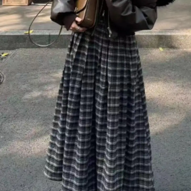 

Плиссированная полуюбка в клетку в академическом стиле с высокой талией, женская драпированная юбка трапециевидной формы на осень-зиму, повседневная модная юбка в стиле ретро