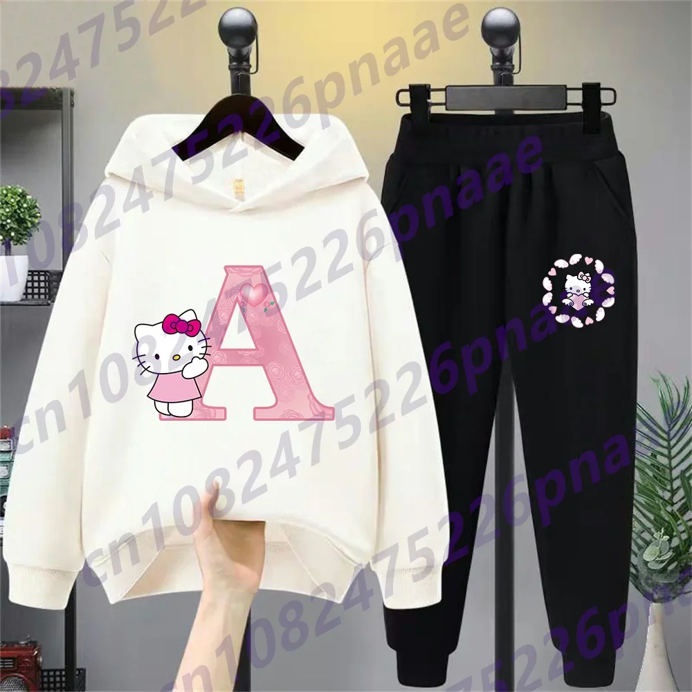 Hello Kitty Harajuku Print, Children's Set, Hoodie Set, 26 English Letters, Stylish Sports Girl's Top And Pants Two-piece Set