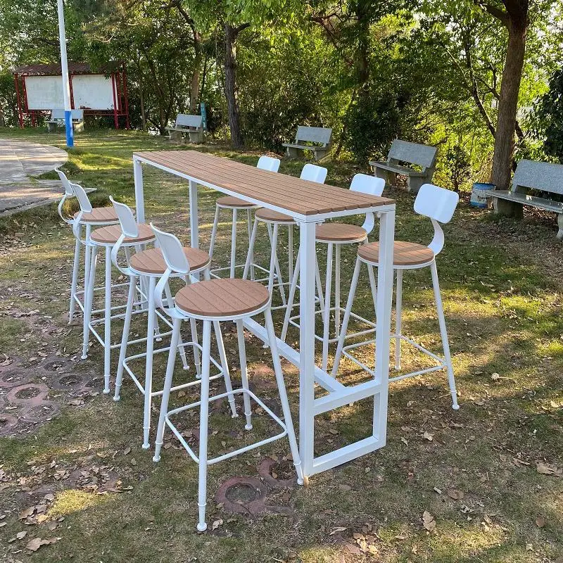 Outdoor plastic wood bar table household balcony preservative wood courtyard milk tea shop cafe high bar table and chair combina
