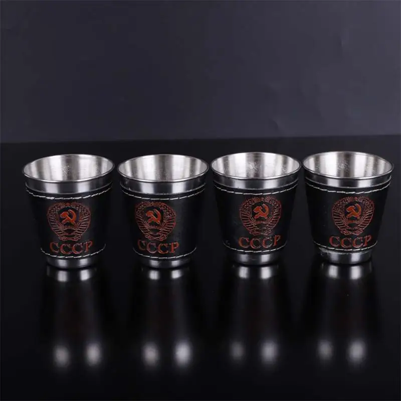 4pcs 30/70/170ml Outdoor Camping Tableware Travel Cups Set Picnic Supplies Stainless Steel Wine Beer Cup Whiskey Mugs PU Leather