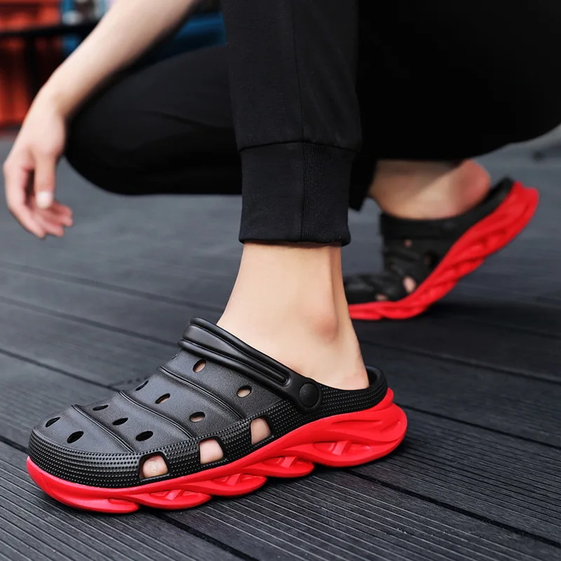 Summer Men's Barefoot Sandals Increase Breathability and Anti Slip Cross Hole Wading Beach Shoes Soft Soled Wrapped Toe Slippers