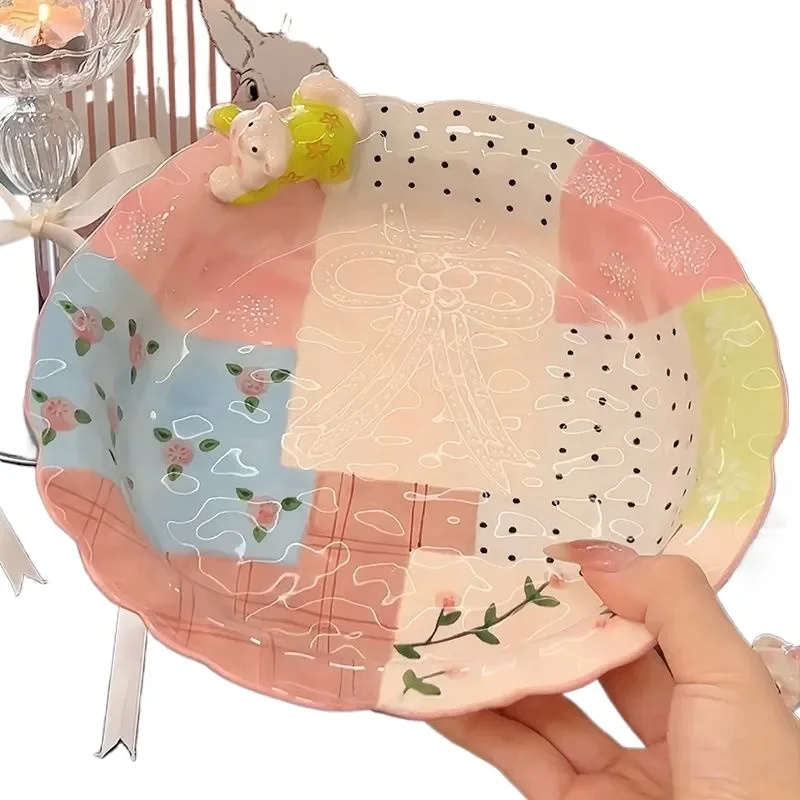 

Straw hat plate Ceramic plate Underglaze color tableware Household high sense @#!