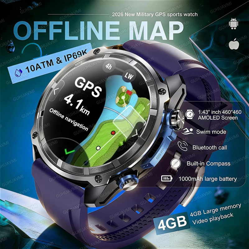 

2026 NEW GPS Offline Maps Sport Smart Watch Men 4GB Memory Music Video Player 10ATM Swim Waterproof Smart Bracelet 1000mAh Watch