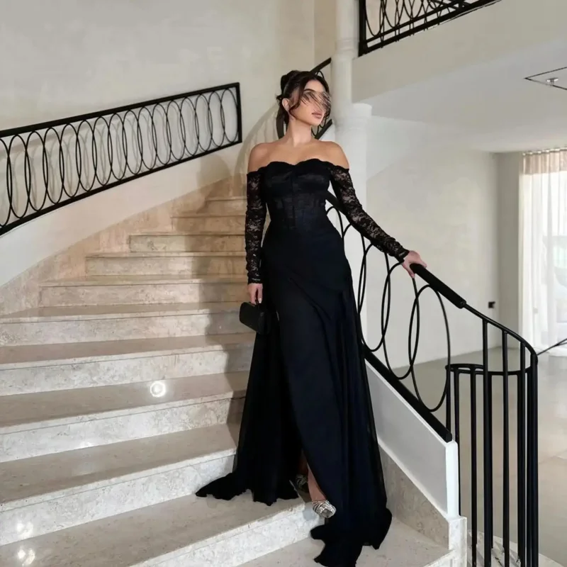 

Indie Elegant Black Lace Off Shoulder Prom Gown Women Chiffon Evening Dress Floor Length Custom Special Occasion Dresses