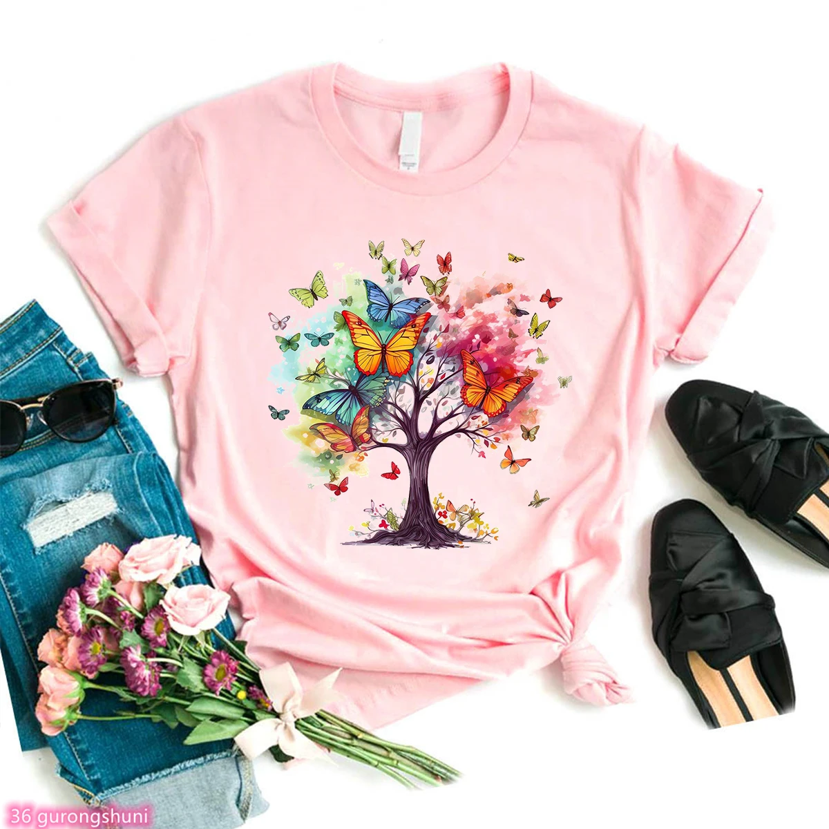 Watercolor Tree Of Life Shirt,  Fashion Women Tshirt ,Family Reunion Shirt,summer Femme Tshirt Pink Short Sleeve Tops Wholesale image 5