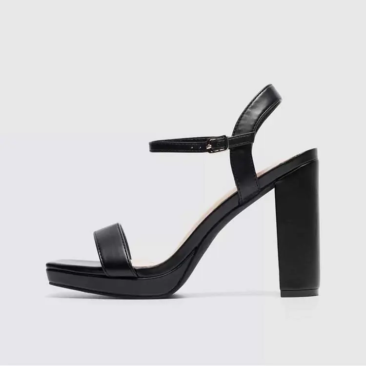 

Black Open Square Toe Block Heel Sandals with Buckled Ankle Strap