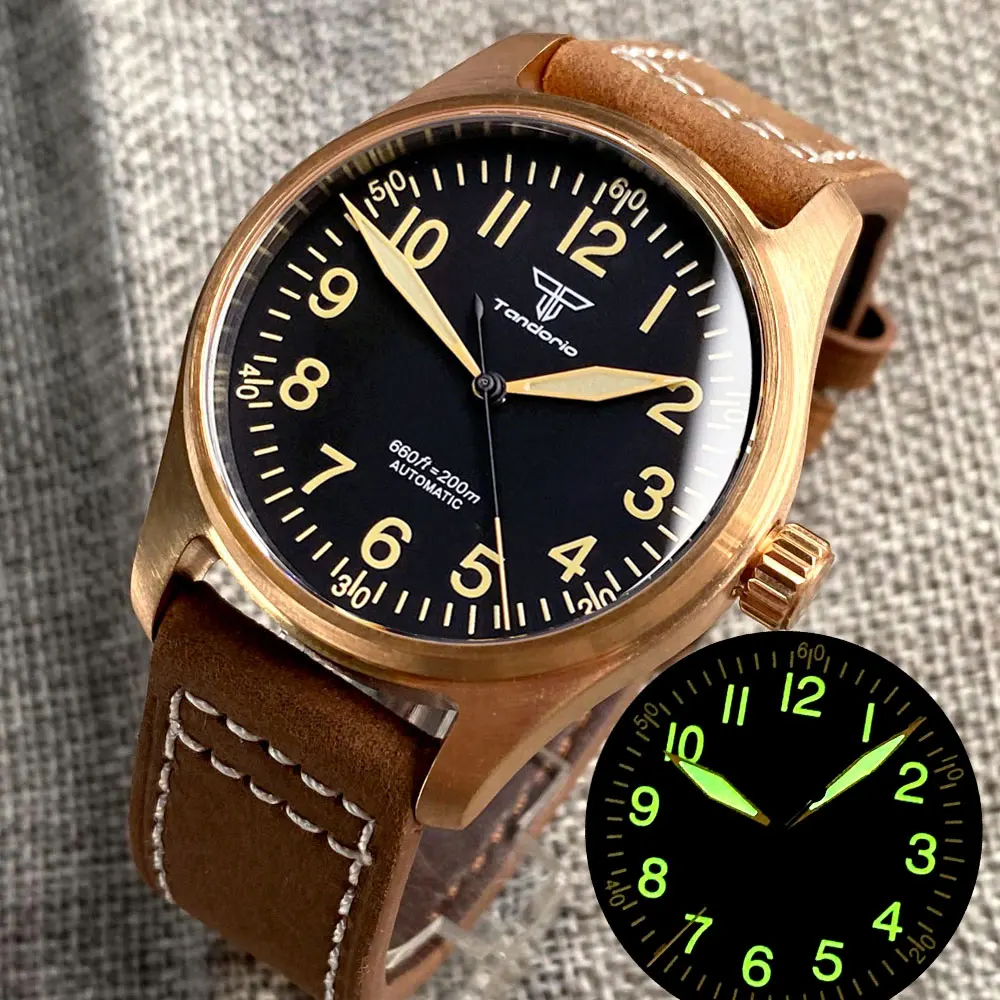 Tandorio Diver 200m Waterproof 39MM CUSN8 Sollid Real Bronzed Pilot Case Dial Automatic Men Watch NH35A PT5000 Movement