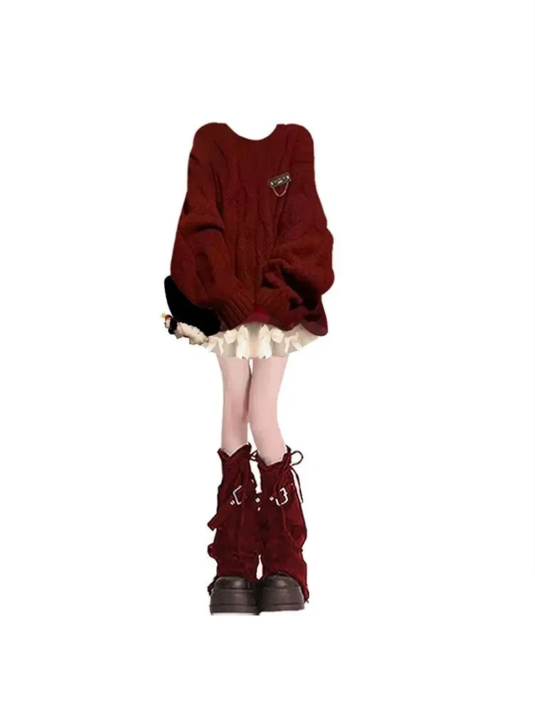 Christmas Wear Set Women's New Christmas Red Knitted Sweater Elegant Dress Two-piece Set
