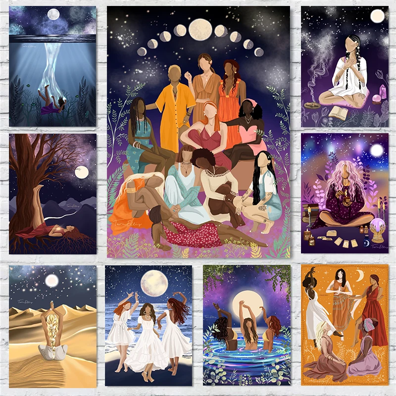 Cartoon Abstract Moonlight Goddess Woman Dancing Posters Canvas Painting Printing Pictures Art Room Home Wall Decor Gift