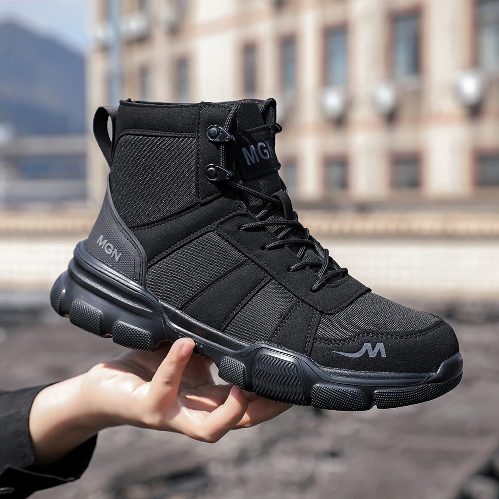 أحذية رجالية غير قابلة للتدمير من الصلب عند أصابع القدم أحذية غير قابلة للانزلاق ومضادة للثقب للتسقيف لجميع المواسم في الهواء الطلق تمنح زوجًا من وسادات الركبة كهدية