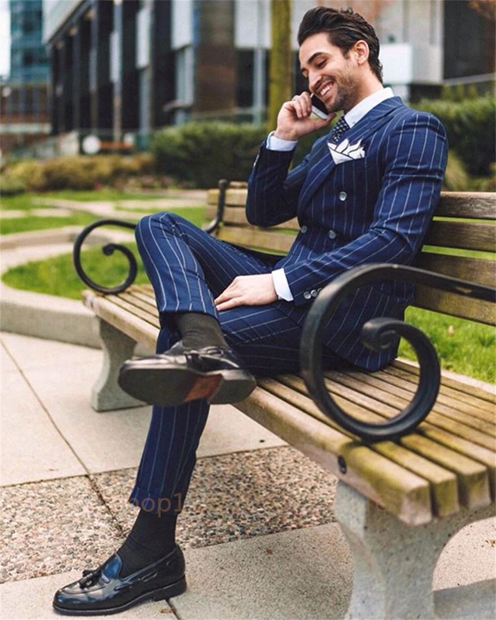 Formal Navy Blue Suits Double Breasted Pinstripe Peak Lapel Design 2 Piece Jacket Pants Set Costume Homme Male Clothing Blazer