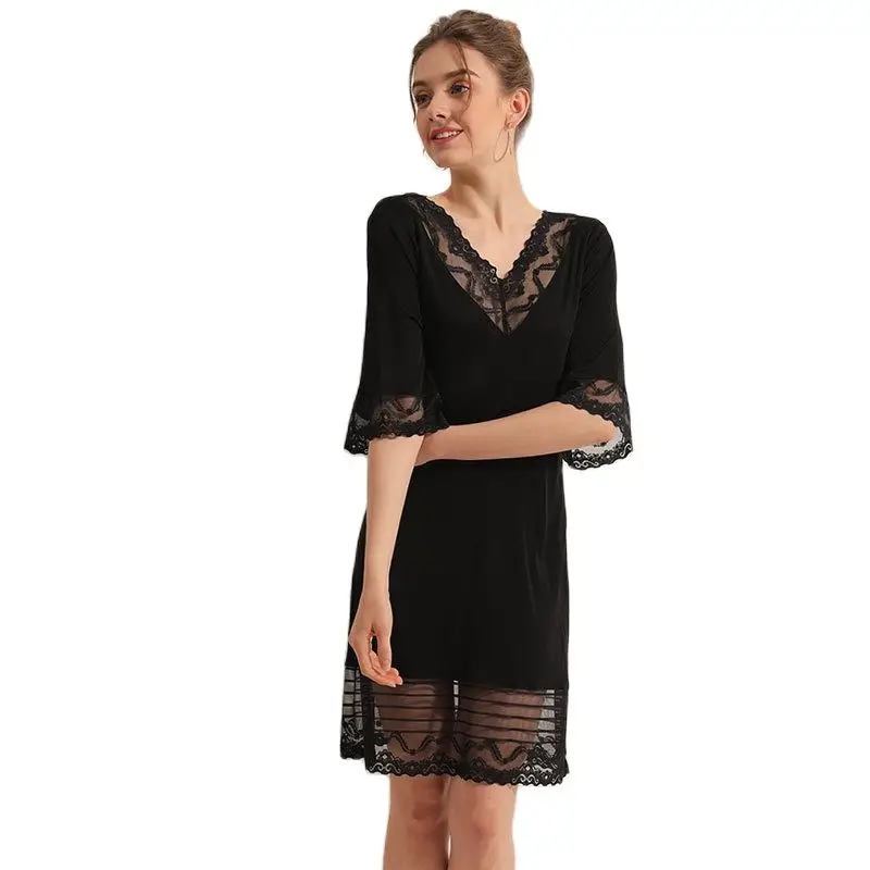 Birdtree High End Real Silk Lace Sleepwear for Women V Neck Sexy Thin Sleep Dress Loose Nightdress Nightgown 2023 New P37974QM