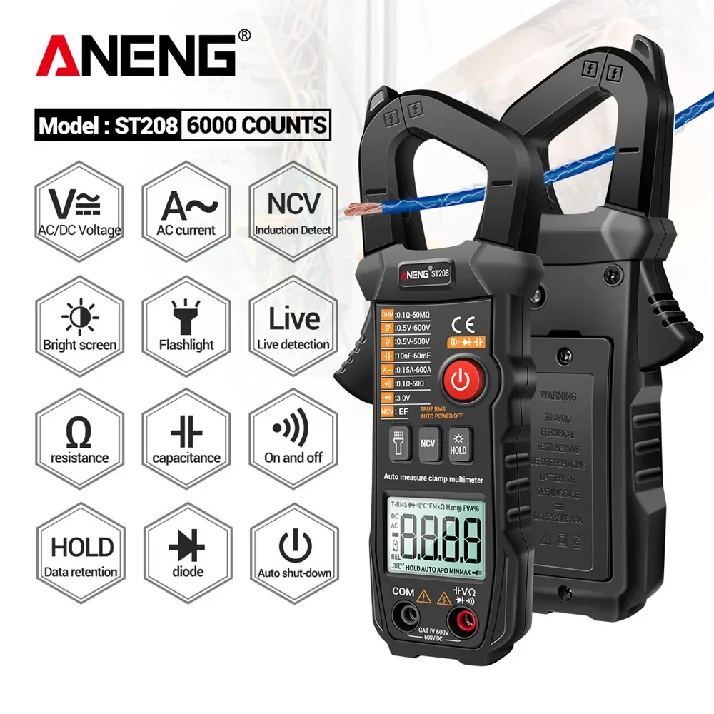 

ANENG ST208 Digital Ture RMS 6000 Count AC/DC Current Clamp Automatic Voltimetro Multimeter Clamp Tester Meter Electrician Tool