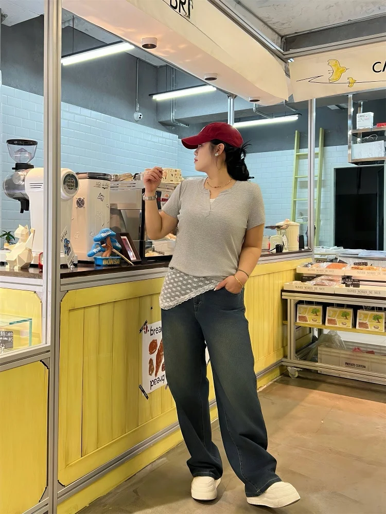 

plus Size Women's V-Neck Short Sleeve T-Shirt Slim Fit Versatile Basic Summer Top High Waist Cotton Blend Casual Wear