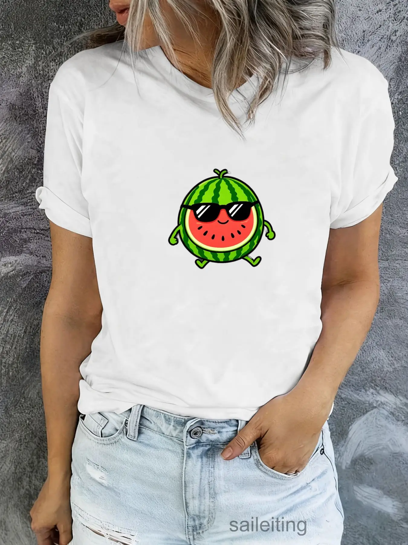 Cute Watermelon Character T-Shirt Men Women - Cartoon Green Arms Legs Sunglasses Summer Casual Short Sleeve Tee, Soft Breatha