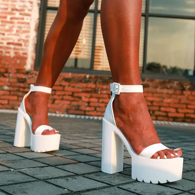 

Женские летние сандалии на квадратном каблуке 14 см, на платформе, с задней молнией, белые, модные, для ночных клубов, диджеев, баров, для певиц