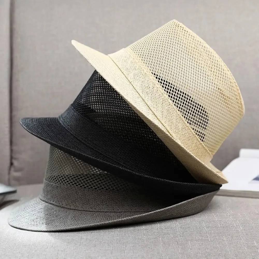 Hip Hop Breathable Mesh Top Hat Solid Color Lightweight Hollow Sun Hat Rolled Brim Sun Protection Beach Jazz Cap Summer Season view 3